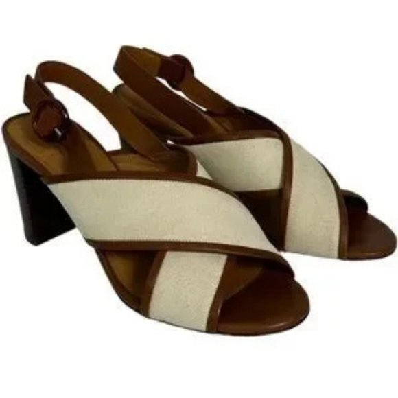 Sezane High Maud Sandals Linen Camel Block Heel Size 38 French or US 7 Cross - Picture 5 of 10
